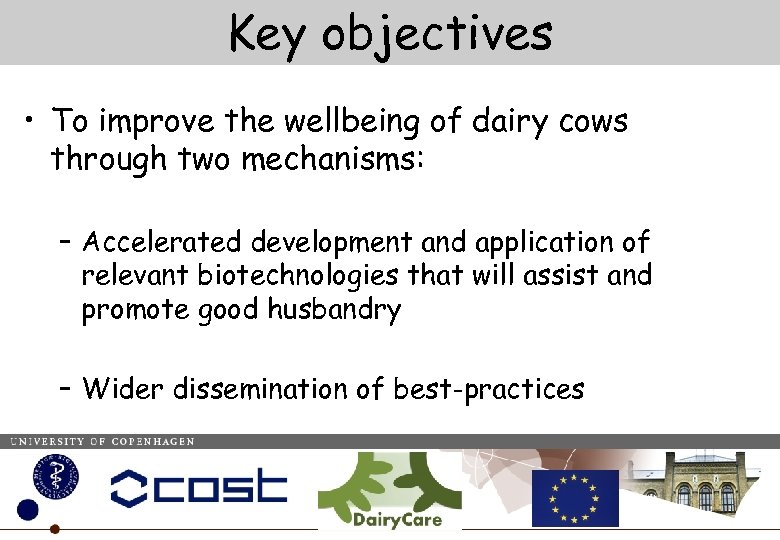 Key objectives • To improve the wellbeing of dairy cows through two mechanisms: –