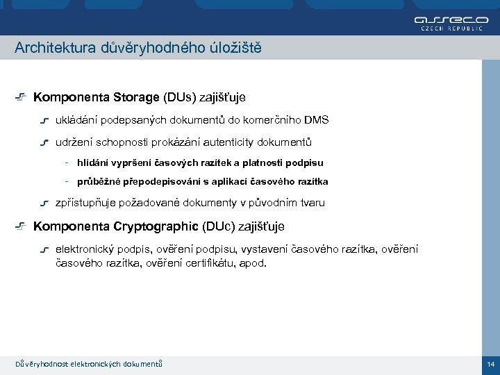 Architektura důvěryhodného úložiště Komponenta Storage (DUs) zajišťuje ukládání podepsaných dokumentů do komerčního DMS udržení