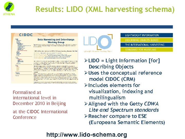 Results: LIDO (XML harvesting schema) Formalised at international level in December 2010 in Beijing