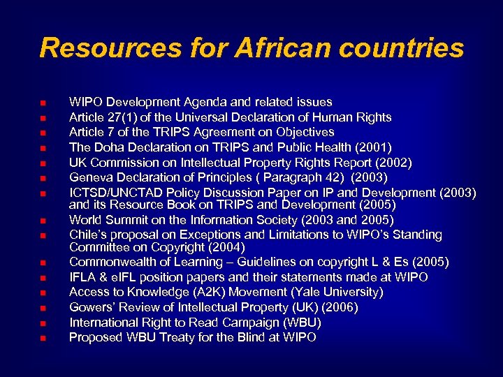 Resources for African countries WIPO Development Agenda and related issues Article 27(1) of the