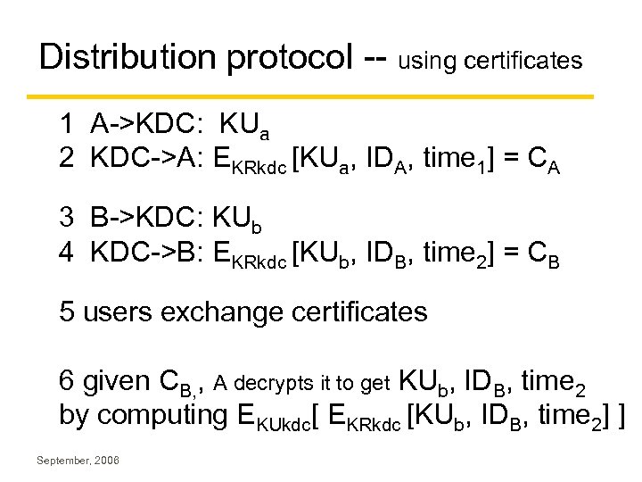 Distribution protocol -- using certificates 1 A->KDC: KUa 2 KDC->A: EKRkdc [KUa, IDA, time