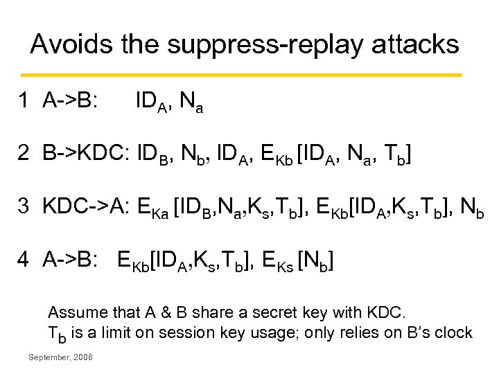 Avoids the suppress-replay attacks 1 A->B: IDA, Na 2 B->KDC: IDB, Nb, IDA, EKb