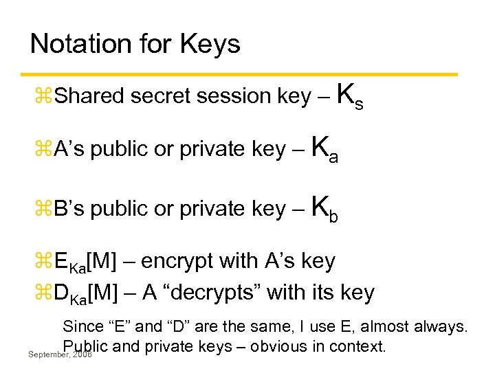 Notation for Keys z. Shared secret session key – Ks z. A’s public or