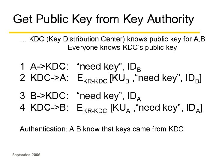 Get Public Key from Key Authority … KDC (Key Distribution Center) knows public key