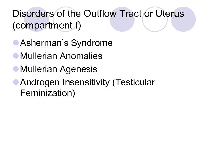 Disorders of the Outflow Tract or Uterus (compartment I) l Asherman’s Syndrome l Mullerian