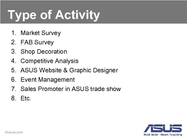 Type of Activity 1. 2. 3. 4. 5. 6. 7. 8. Market Survey FAB