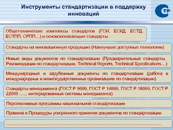 Инструменты стандартизации в поддержку инноваций Общетехнические комплексы стандартов (ГСИ, ЕСКД, ЕСТПП, СРПП…) и основополагающие