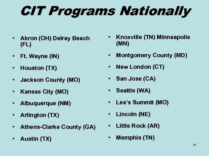 CIT Programs Nationally • Akron (OH) Delray Beach (FL) • Knoxville (TN) Minneapolis (MN)