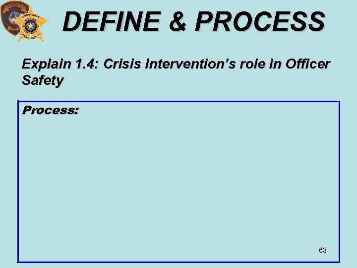 DEFINE & PROCESS Explain 1. 4: Crisis Intervention’s role in Officer Safety Process: 63