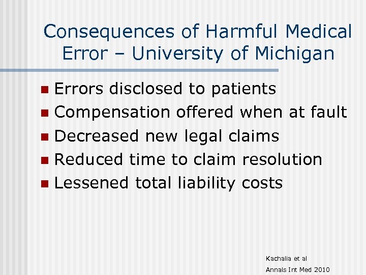 Consequences of Harmful Medical Error – University of Michigan Errors disclosed to patients n