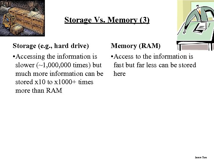 Storage Vs. Memory (3) Storage (e. g. , hard drive) Memory (RAM) • Accessing