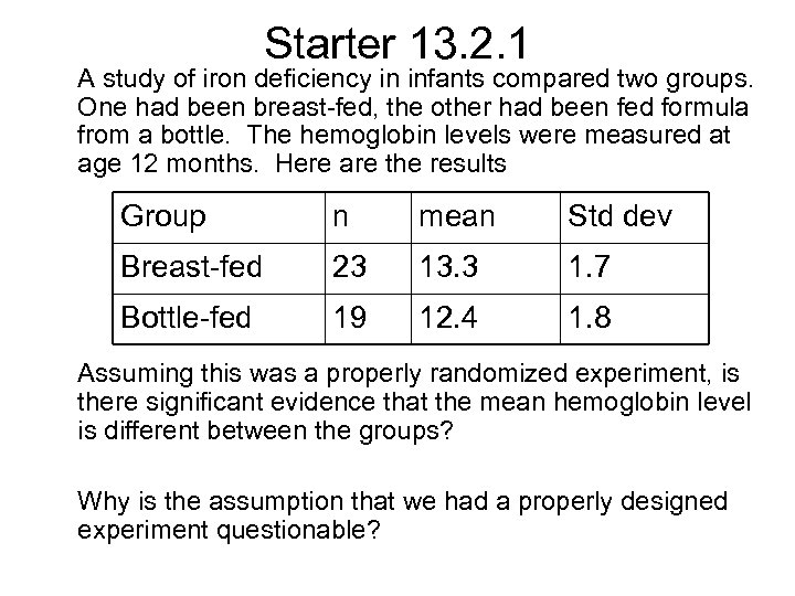 Starter 13. 2. 1 A study of iron deficiency in infants compared two groups.