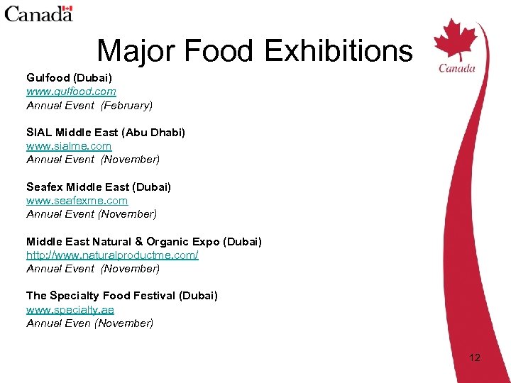 Major Food Exhibitions Gulfood (Dubai) www. gulfood. com Annual Event (February) SIAL Middle East