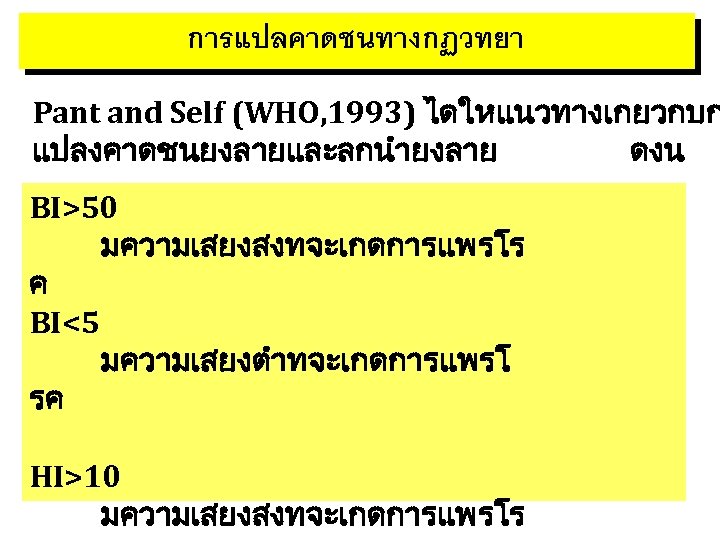 การแปลคาดชนทางกฏวทยา Pant and Self (WHO, 1993) ไดใหแนวทางเกยวกบก แปลงคาดชนยงลายและลกนำยงลาย ดงน BI>50 มความเสยงสงทจะเกดการแพรโร ค BI<5 มความเสยงตำทจะเกดการแพรโ