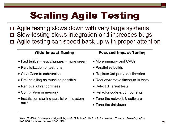Scaling Agile Testing o o o Agile testing slows down with very large systems