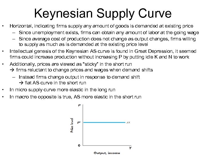 Keynesian Supply Curve • • • Horizontal, indicating firms supply any amount of goods