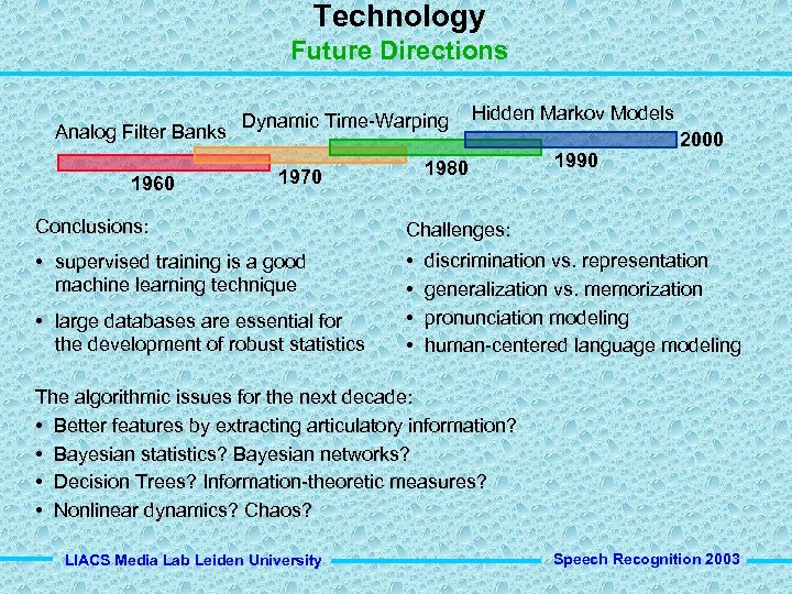 Technology Future Directions Analog Filter Banks 1960 Dynamic Time-Warping Hidden Markov Models 1980 1970