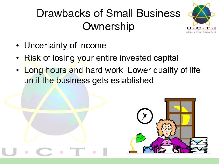 Drawbacks of Small Business Ownership • Uncertainty of income • Risk of losing your