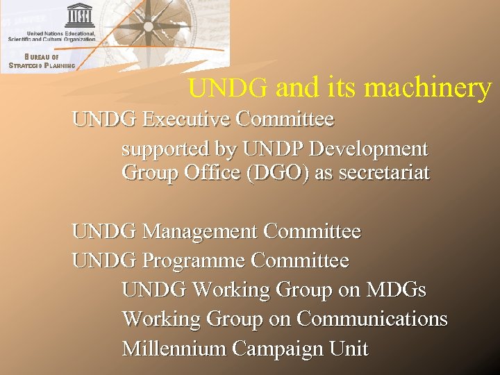 UNDG and its machinery UNDG Executive Committee supported by UNDP Development Group Office (DGO)