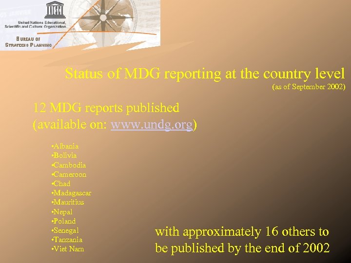 Status of MDG reporting at the country level (as of September 2002) 12 MDG
