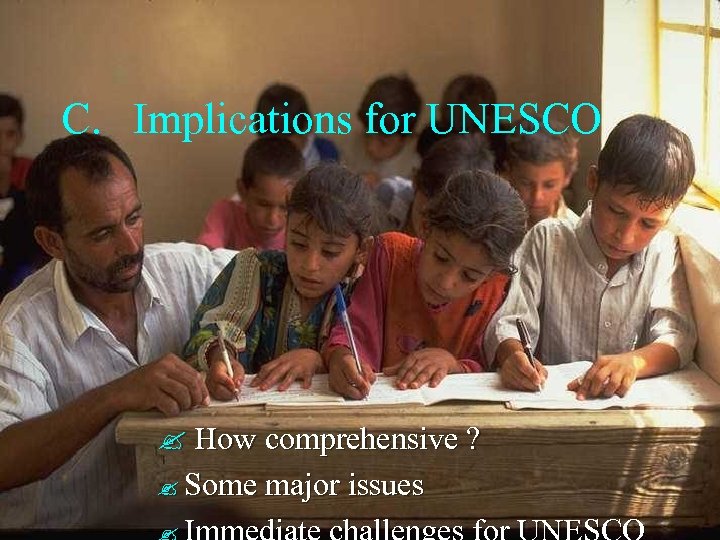 C. Implications for UNESCO How comprehensive ? Some major issues 