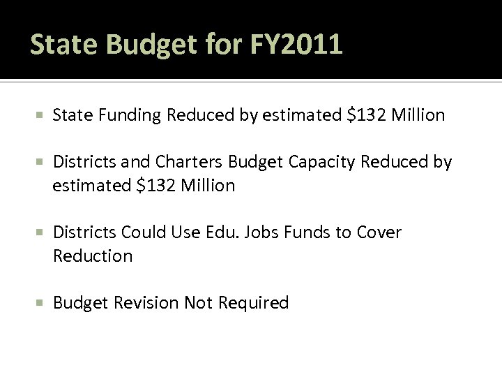 State Budget for FY 2011 State Funding Reduced by estimated $132 Million Districts and