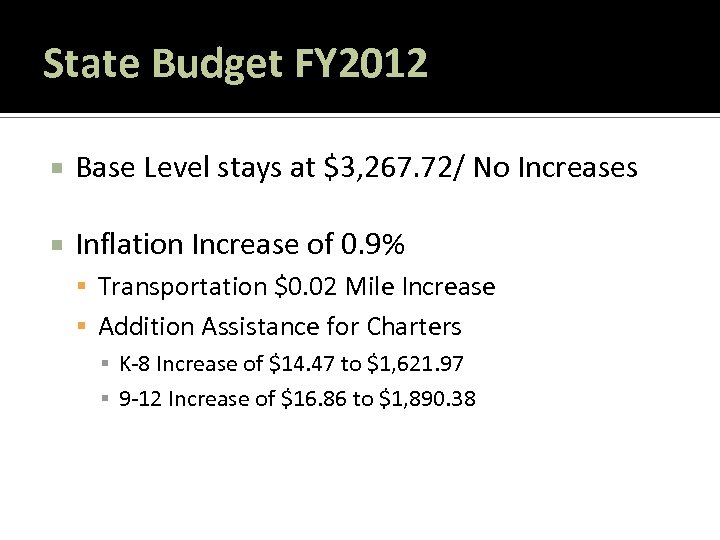 State Budget FY 2012 Base Level stays at $3, 267. 72/ No Increases Inflation