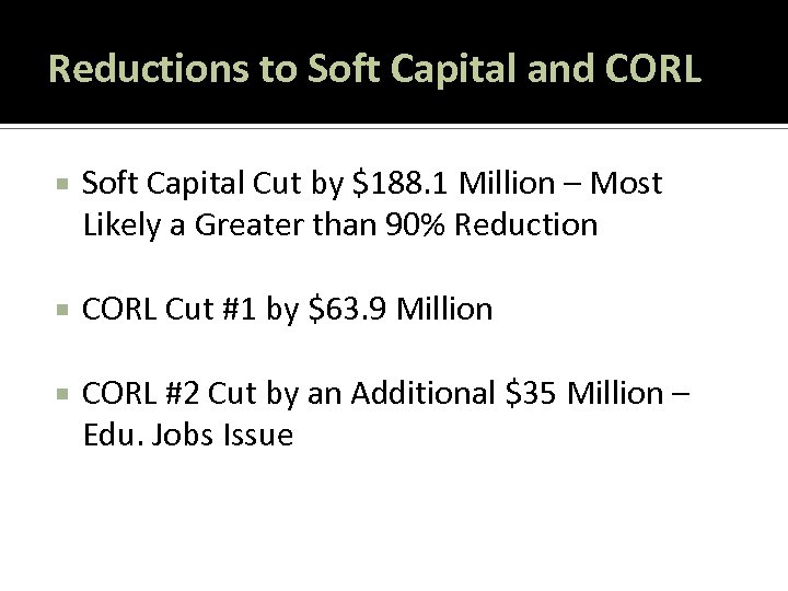 Reductions to Soft Capital and CORL Soft Capital Cut by $188. 1 Million –