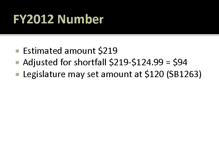 FY 2012 Number Estimated amount $219 Adjusted for shortfall $219 -$124. 99 = $94