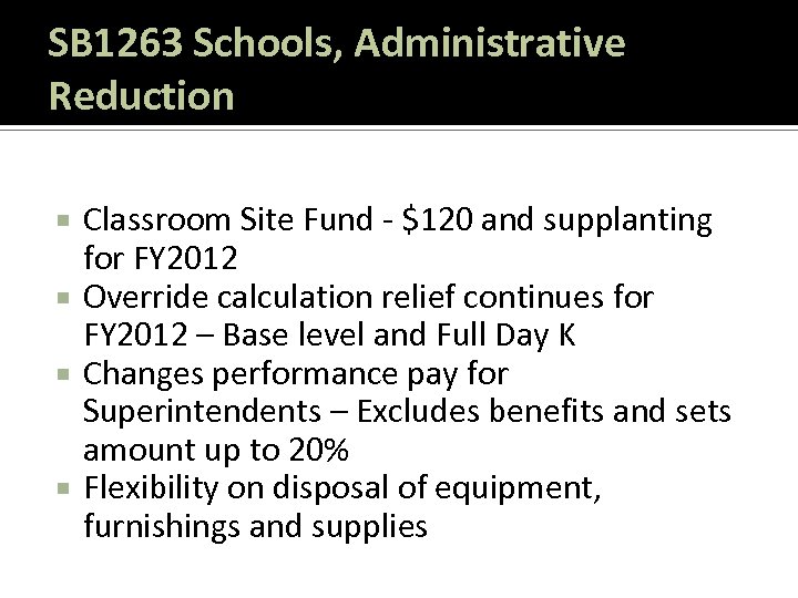 SB 1263 Schools, Administrative Reduction Classroom Site Fund - $120 and supplanting for FY