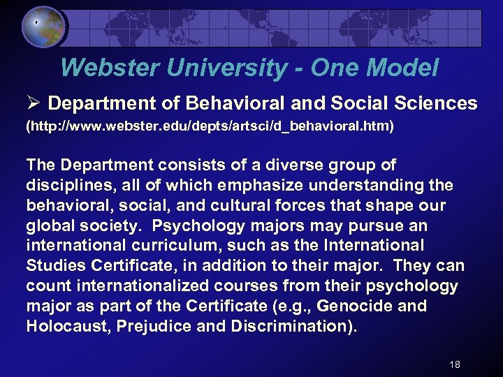 Webster University - One Model Ø Department of Behavioral and Social Sciences (http: //www.