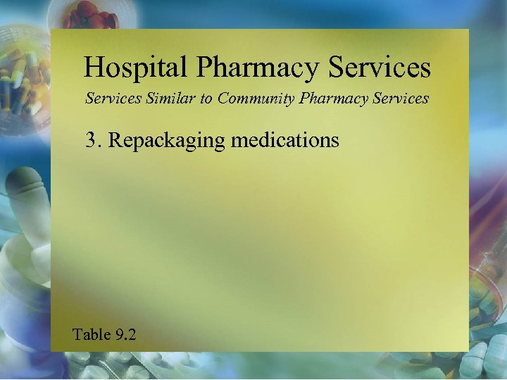 Hospital Pharmacy Services Similar to Community Pharmacy Services 3. Repackaging medications Table 9. 2
