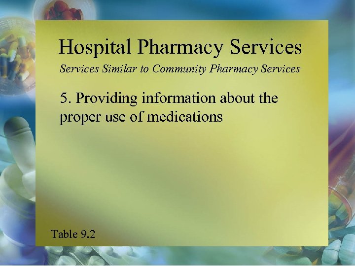 Hospital Pharmacy Services Similar to Community Pharmacy Services 5. Providing information about the proper