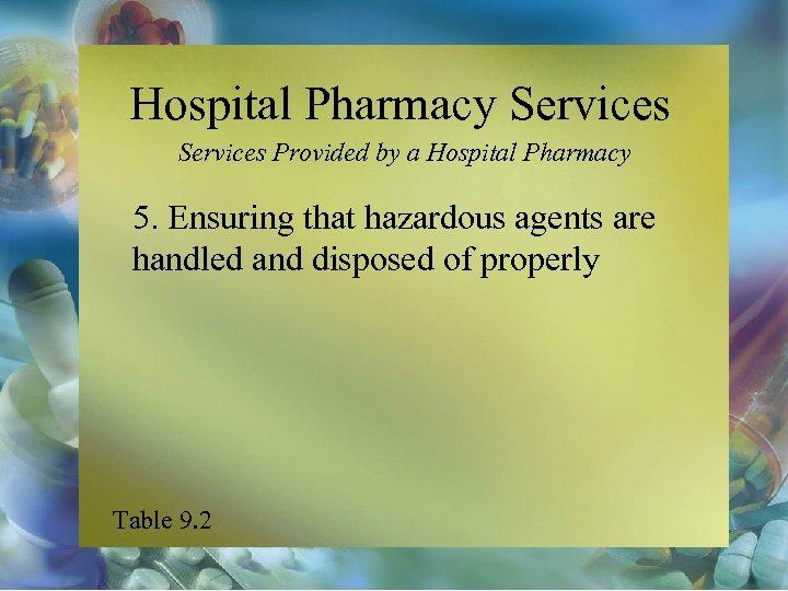 Hospital Pharmacy Services Provided by a Hospital Pharmacy 5. Ensuring that hazardous agents are