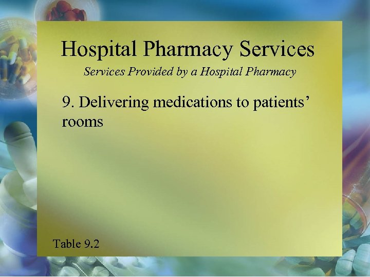 Hospital Pharmacy Services Provided by a Hospital Pharmacy 9. Delivering medications to patients’ rooms