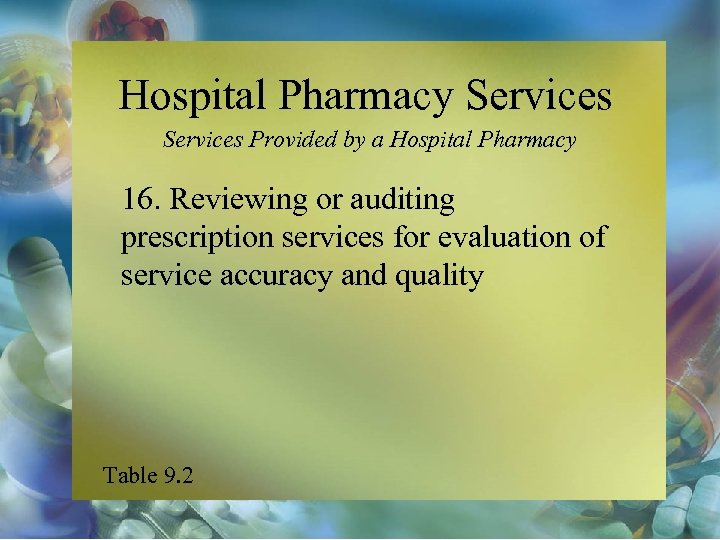 Hospital Pharmacy Services Provided by a Hospital Pharmacy 16. Reviewing or auditing prescription services