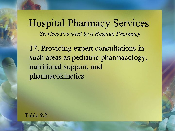 Hospital Pharmacy Services Provided by a Hospital Pharmacy 17. Providing expert consultations in such