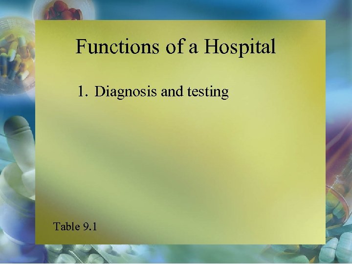 Functions of a Hospital 1. Diagnosis and testing Table 9. 1 