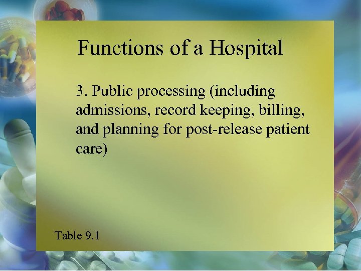 Functions of a Hospital 3. Public processing (including admissions, record keeping, billing, and planning