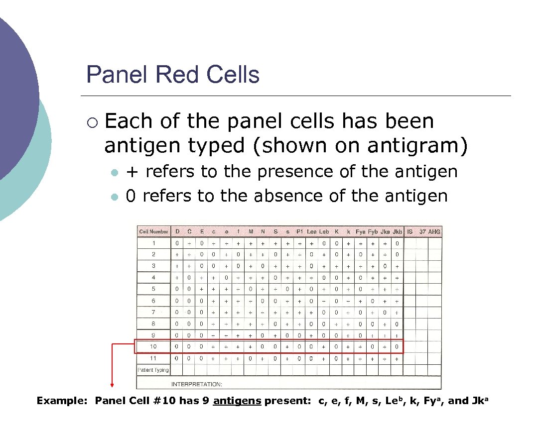 Panel Red Cells ¡ Each of the panel cells has been antigen typed (shown
