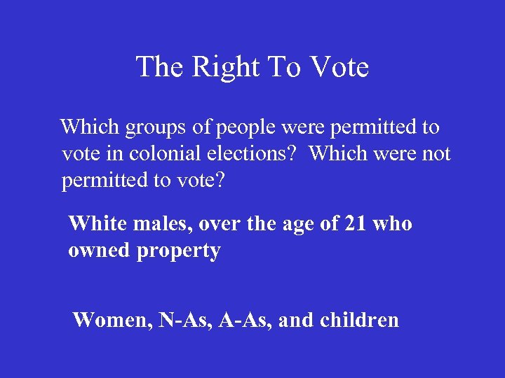 The Right To Vote Which groups of people were permitted to vote in colonial