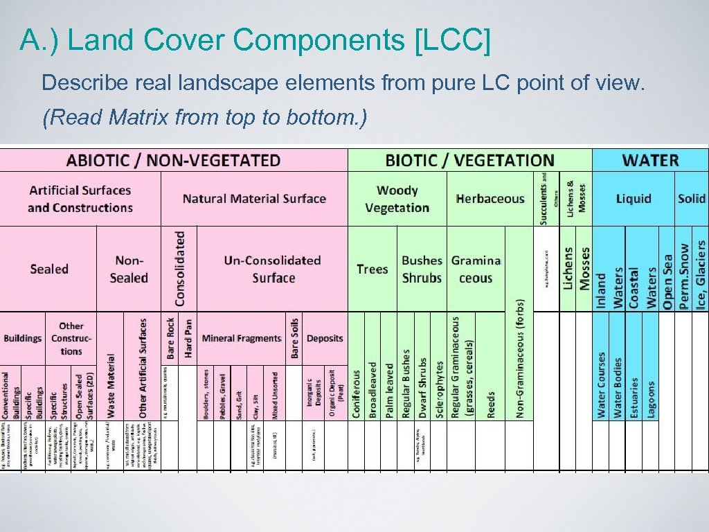A. ) Land Cover Components [LCC] Describe real landscape elements from pure LC point