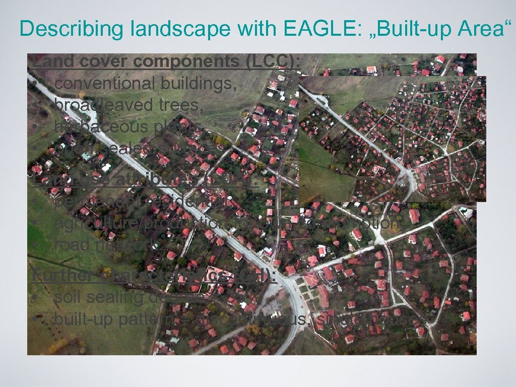 Describing landscape with EAGLE: „Built-up Area“ Land cover components (LCC): • conventional buildings, •