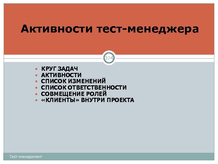 Активности тест-менеджера 104 КРУГ ЗАДАЧ АКТИВНОСТИ СПИСОК ИЗМЕНЕНИЙ СПИСОК ОТВЕТСТВЕННОСТИ СОВМЕЩЕНИЕ РОЛЕЙ «КЛИЕНТЫ» ВНУТРИ