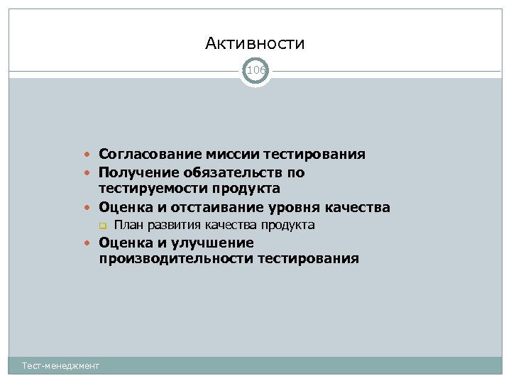 Активности 106 Согласование миссии тестирования Получение обязательств по тестируемости продукта Оценка и отстаивание уровня