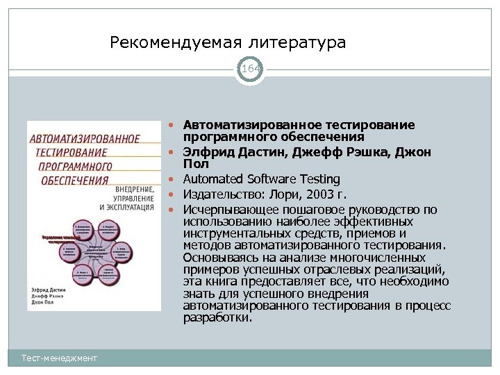 Рекомендуемая литература 164 Автоматизированное тестирование Тест-менеджмент программного обеспечения Элфрид Дастин, Джефф Рэшка, Джон Пол