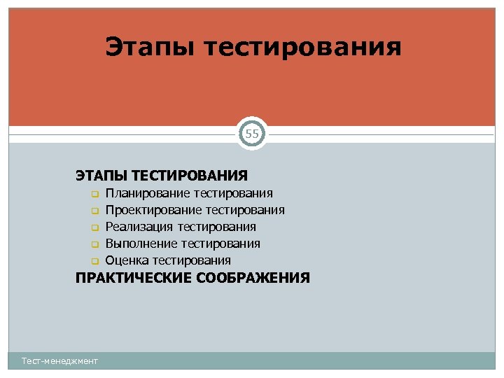 Этапы тестирования 55 ЭТАПЫ ТЕСТИРОВАНИЯ Планирование тестирования Проектирование тестирования Реализация тестирования Выполнение тестирования Оценка