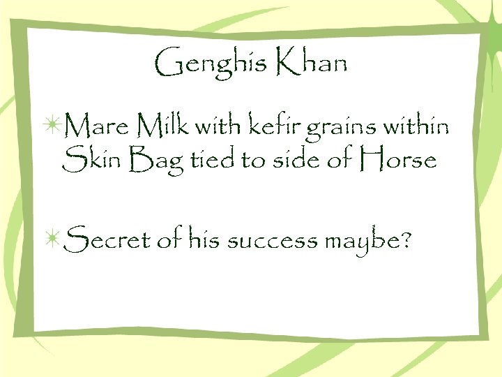 Genghis Khan Mare Milk with kefir grains within Skin Bag tied to side of