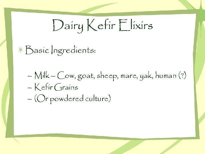 Dairy Kefir Elixirs Basic Ingredients: – Milk – Cow, goat, sheep, mare, yak, human