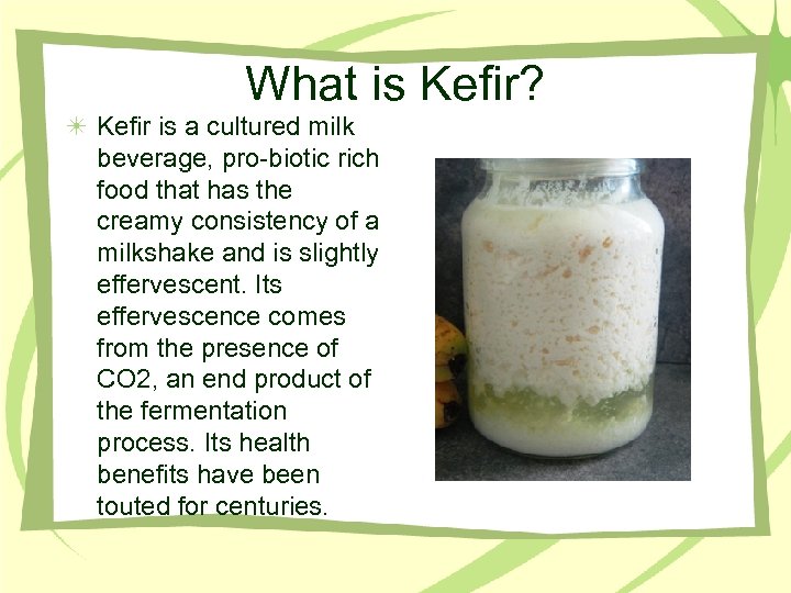 What is Kefir? Kefir is a cultured milk beverage, pro-biotic rich food that has